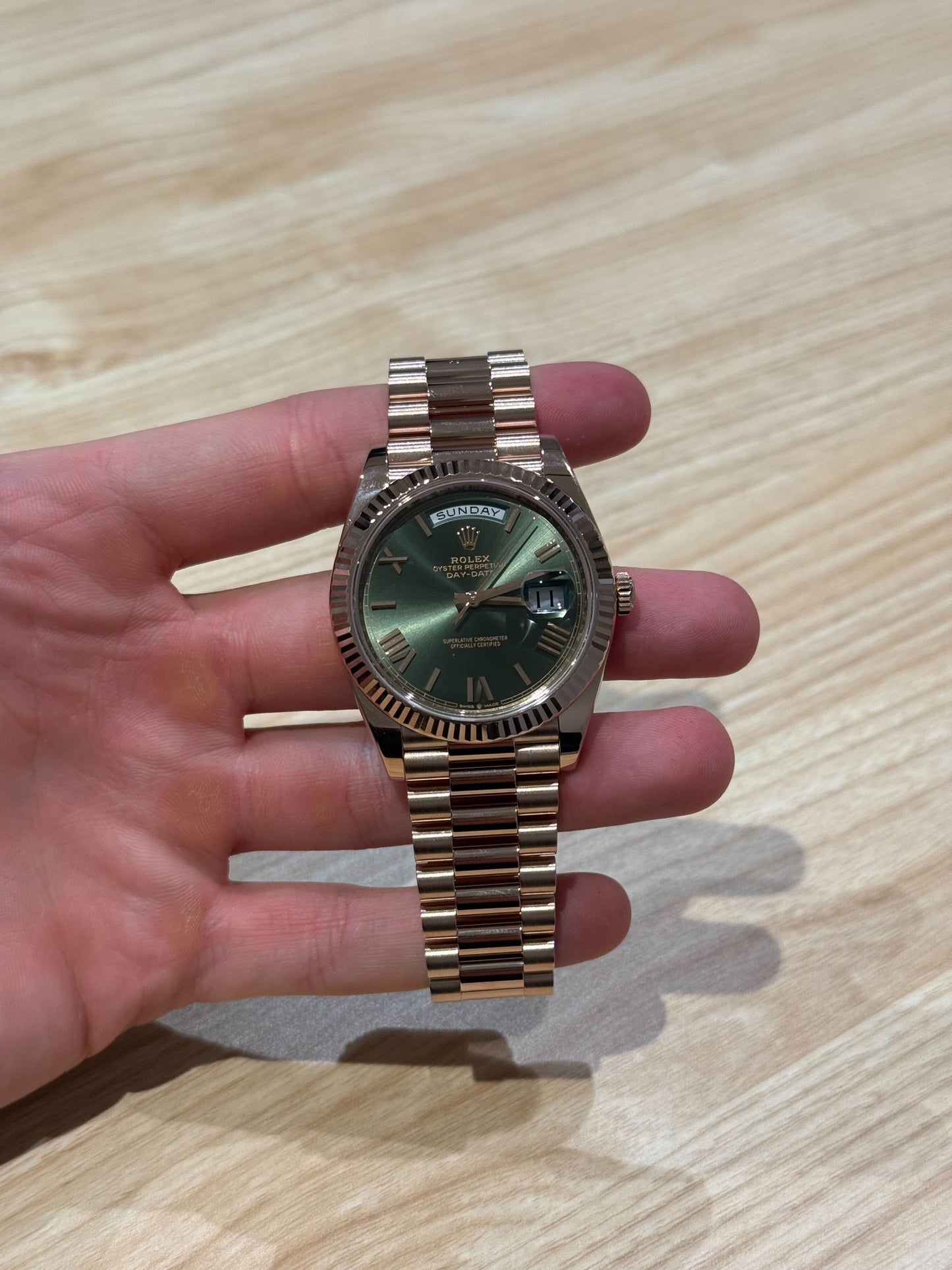 Rolex Day-Date 40mm Olive Roman Dial Rose Gold Bracelet Box Papers 2022