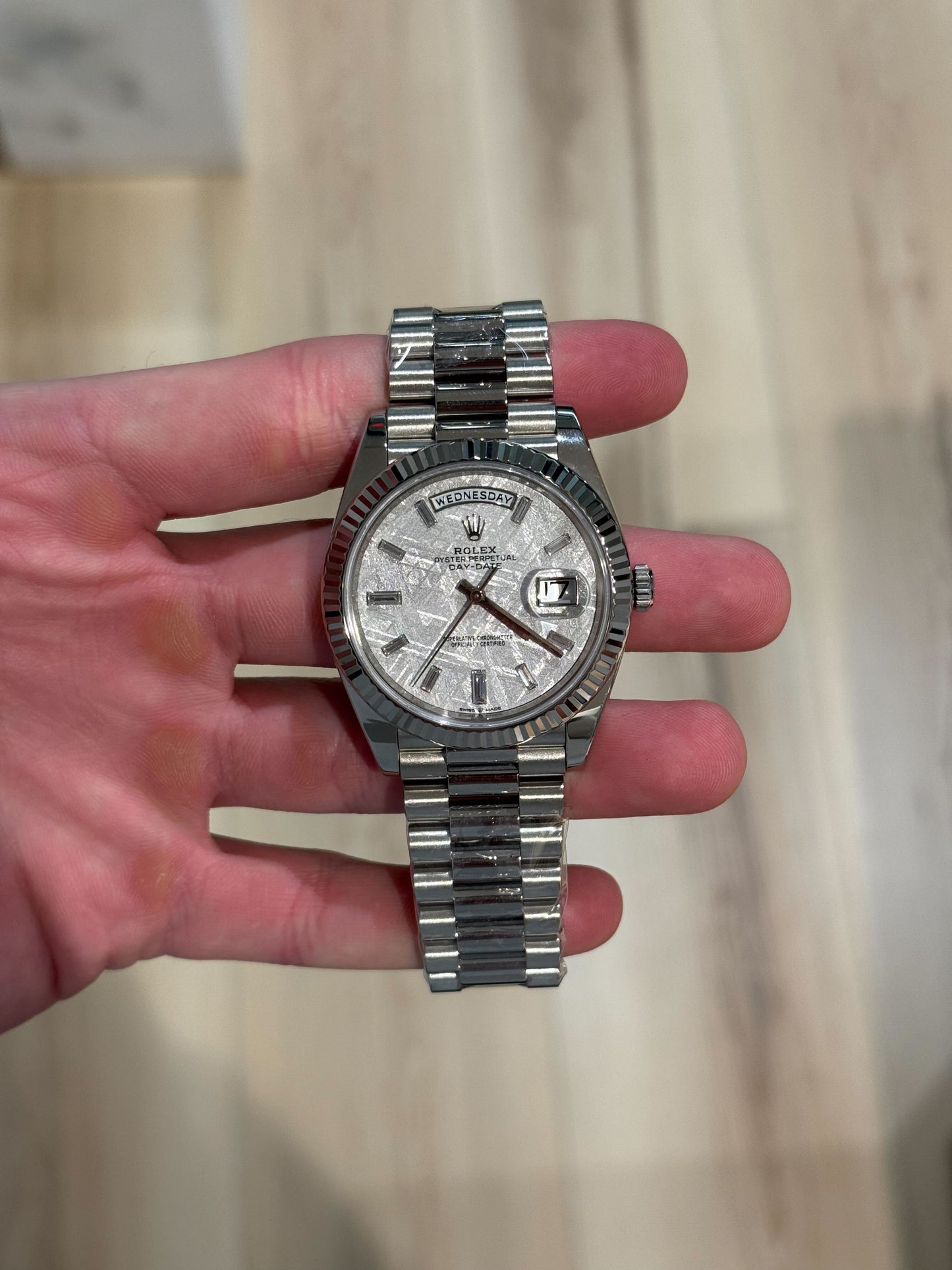 Rolex Day-Date 40mm Meteorite Baguette Dial White Gold Box & Papers 2020