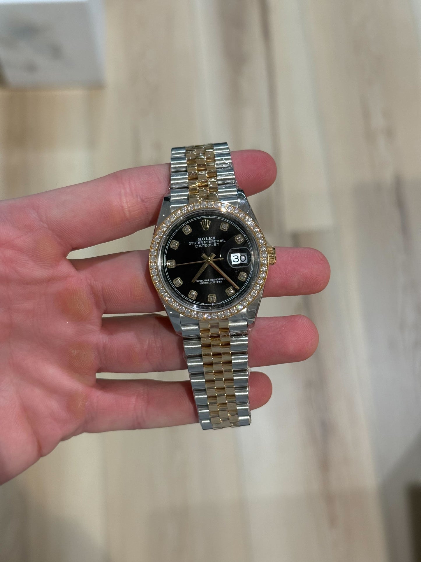 Rolex Datejust 36mm Black Diamond Dial Diamond Bezel Two Tone Jubilee Bracelet Box & Papers 2021