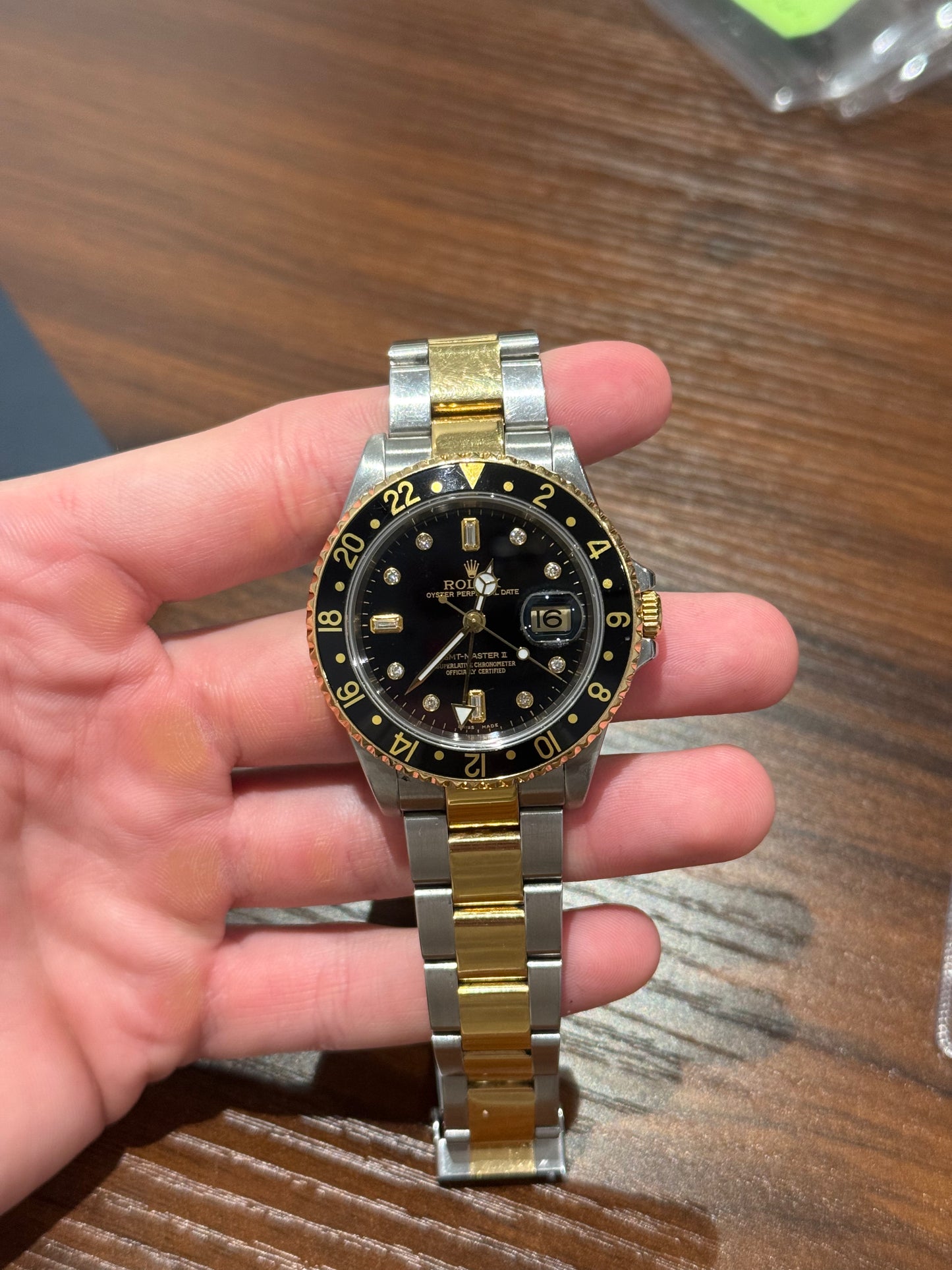 Rolex GMT-Master Black Diamond Dial Two Tone Oyster Bracelet Watch Only