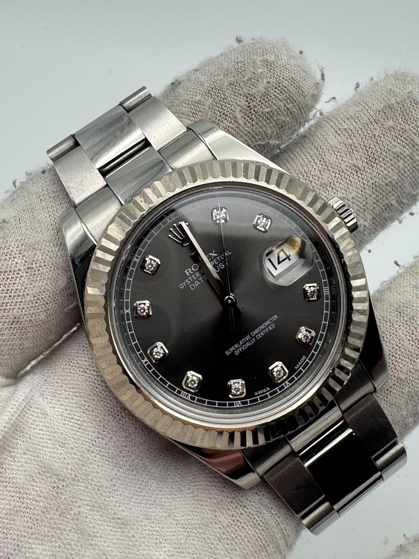 Rolex Datejust 41mm Rhodium Diamond Dial Oyster Bracelet 116334 Box & Papers 2012