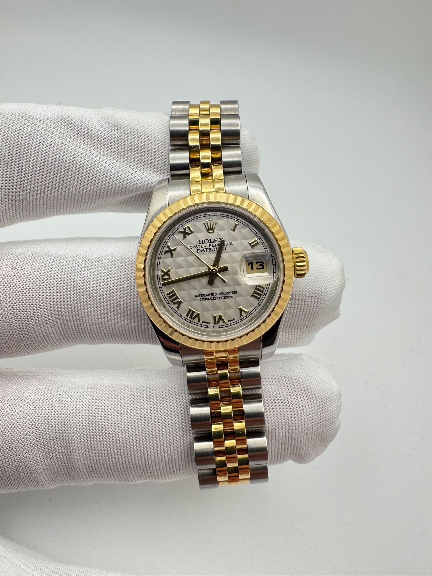 Rolex Datejust 26mm White Roman Pyramid Dial Two Tone Jubilee Bracelet Watch Only