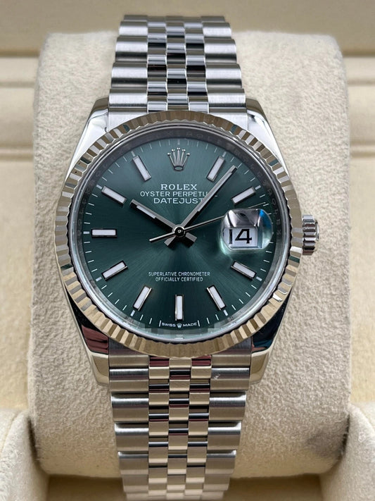 Rolex Datejust 36mm Fluted Mint Green Index Dial Jubilee Bracelet 126234 Box & Papers 2024