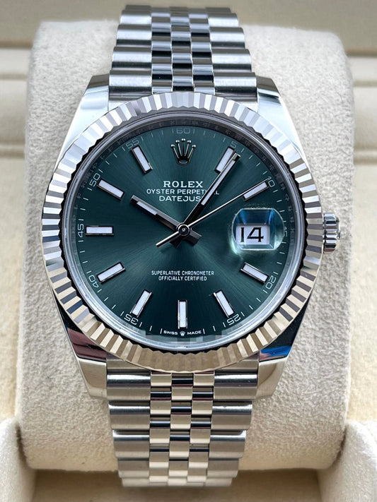 Rolex Datejust 41mm Fluted Mint Green Index Dial Jubilee Bracelet 126334 Box & Papers 2024