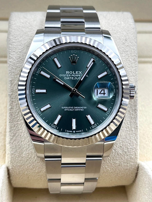 Rolex Datejust 41mm Fluted Mint Green Index Dial Oyster Bracelet 126334 Box & Papers 2024