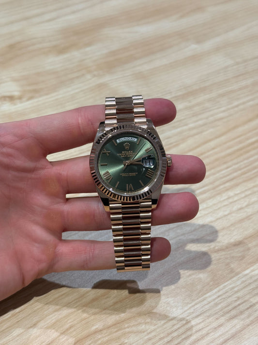 Rolex Day-Date 40mm Olive Roman Dial Rose Gold Bracelet Box Papers 2022