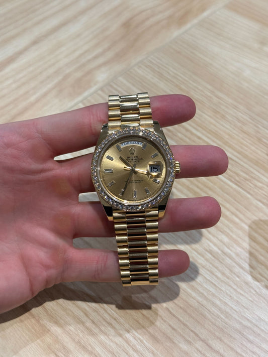 Rolex Day-Date 40mm Champagne Baguette Dial Diamond Dial Box Papers 2024
