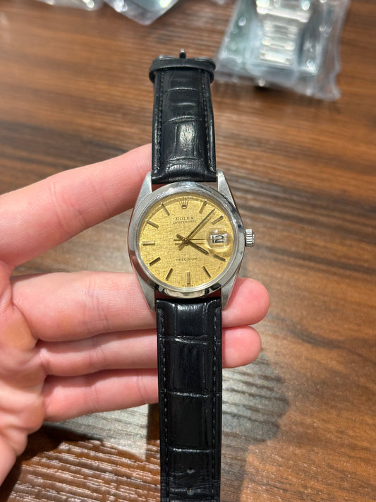 Rolex Oysterdate Precision Champagne Dial Leather Strap Watch Only