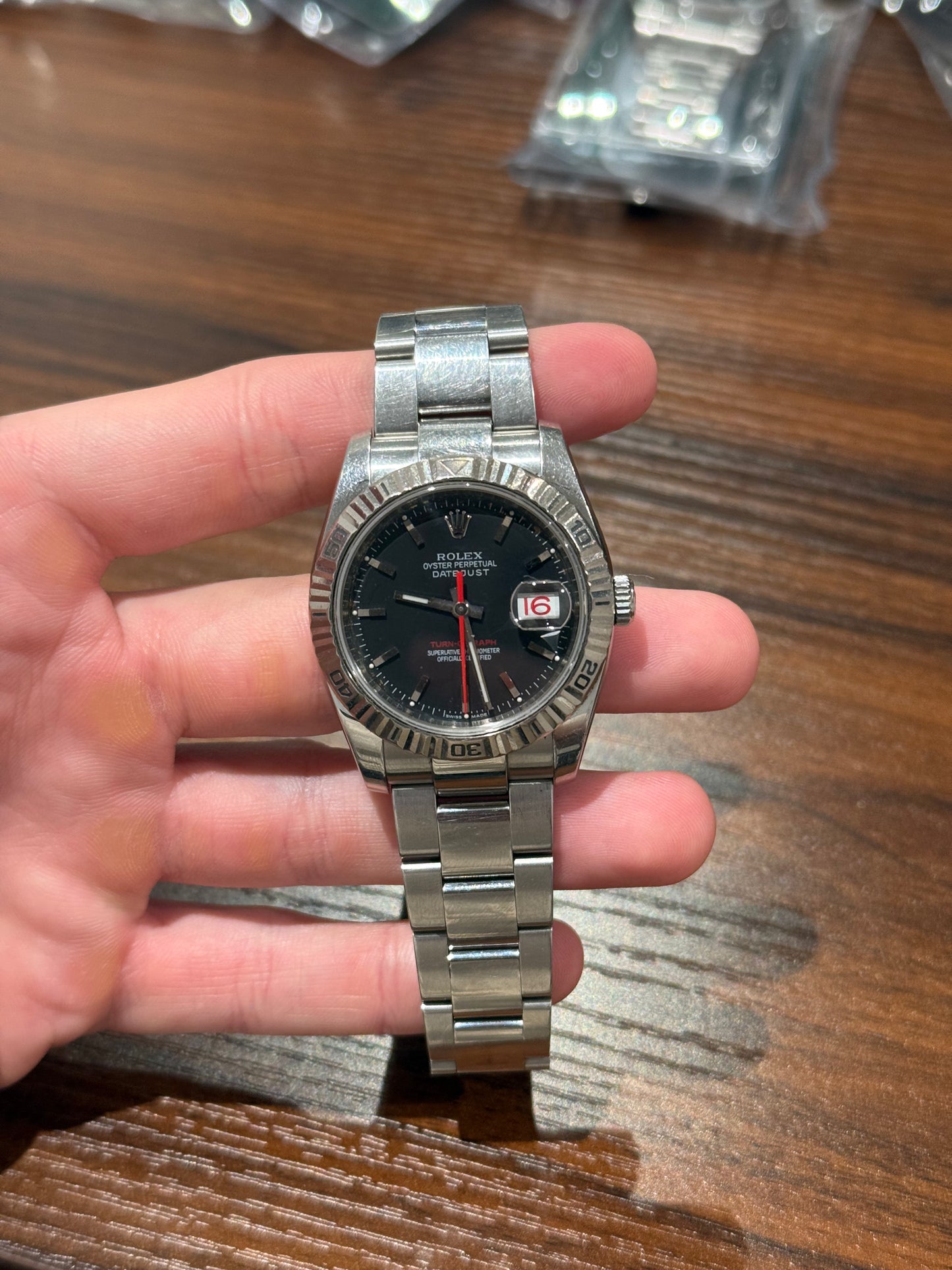 Rolex Datejust 36mm Turnograph Black Dial Oyster Bracelet Watch Only