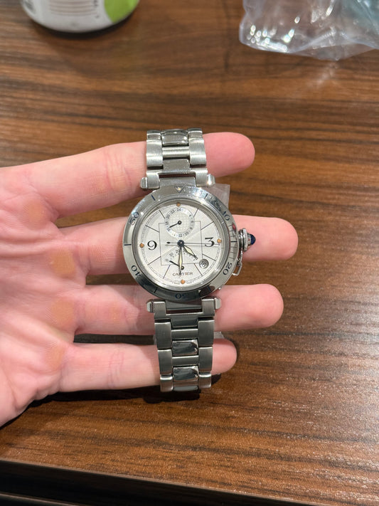 Cartier Pasha Seatimer Silver Dial 38mm GMT W31037H3 Watch Only