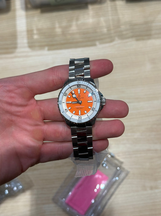 Breitling Superocean 36 Orange Dial Bracelet Box & Papers Open Card