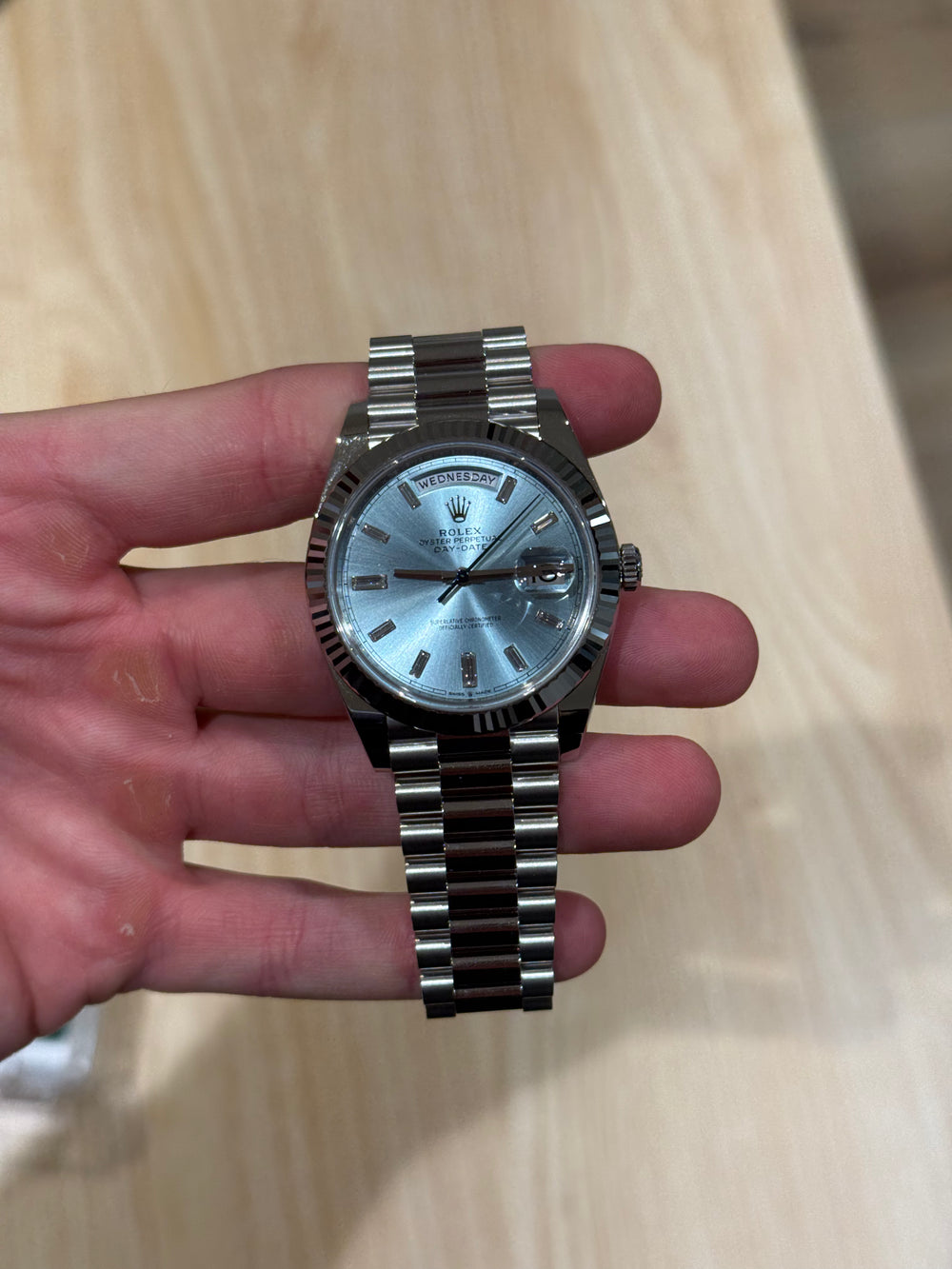 Rolex Day-Date 40mm Platinum Ice Blue Baguette Dial 228236 Box & Papers 2025