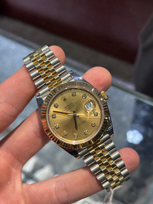 Rolex Datejust 41mm Champagne Diamond Fluted Jubilee Bracelet Box and Papers 126333